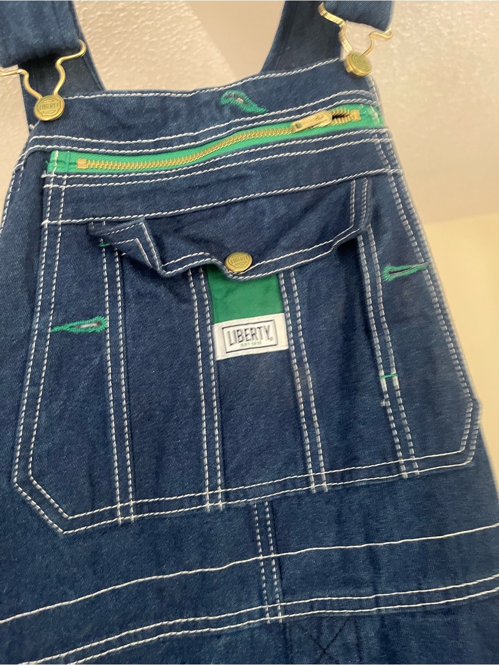 liberty Dark Blue Denim Overalls with Green Trim 34x30